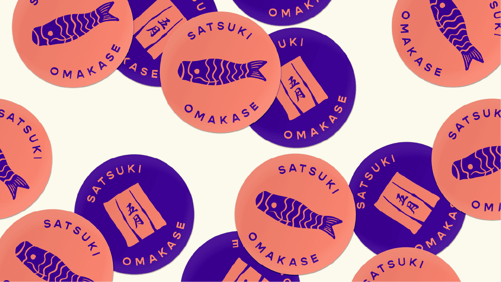 Various sticker designs for a Japanese restaurant with illustrations of a fish and curtain on them