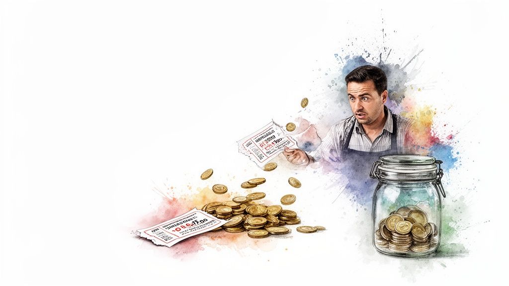 A surprised man with lottery tickets and falling coins, next to a jar of savings, in a watercolor style.
