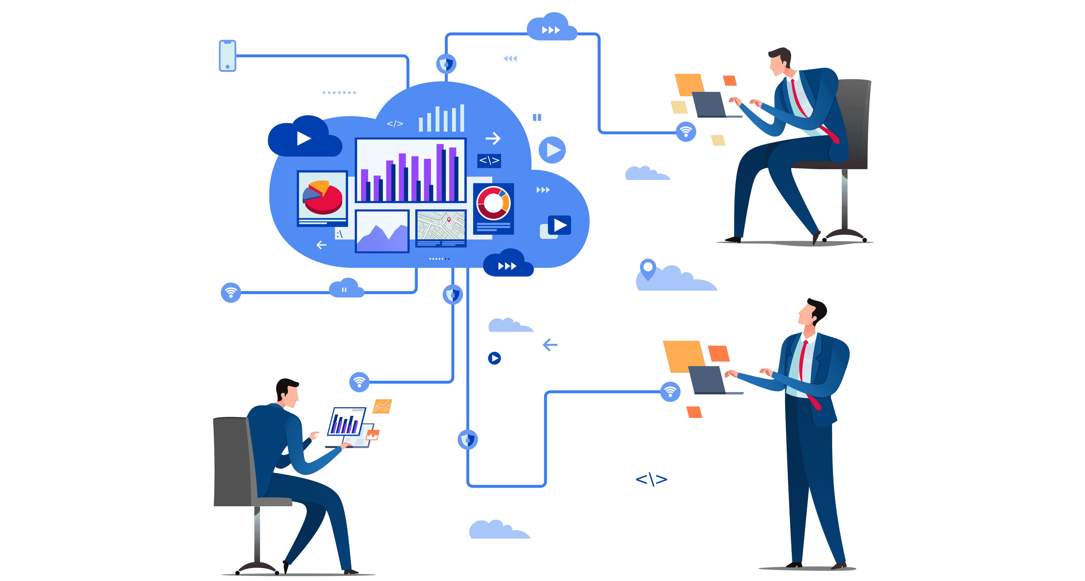 Illustration of business professionals using laptops while connected to a central cloud-based data system displaying charts, graphs, and analytics, representing unified customer data management for sanctions screening.