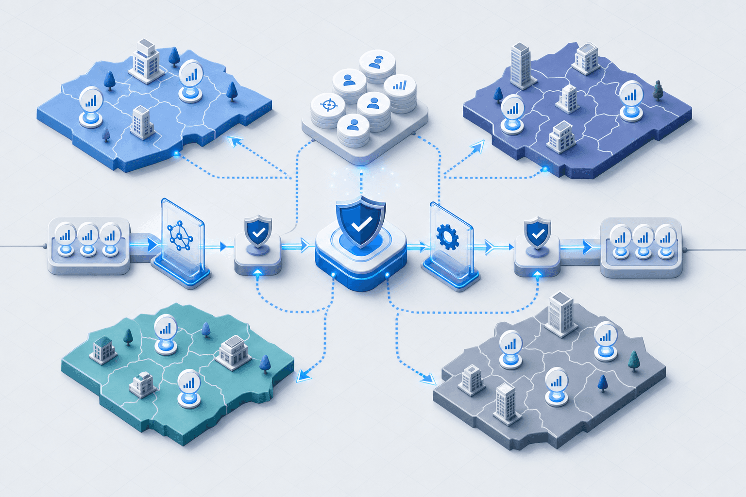 A professional isometric illustration showing territory management and deal distribution across a sales organization. Visualize multiple sales territories as distinct zones or regions on a clean grid, with opportunity icons or pipeline symbols flowing between them. Include visual indicators of automated routing, validation checkpoints, and approval gates represented by shield icons or checkpoint symbols. Use a modern blue and gray color palette with subtle connecting lines showing the flow of deals being reassigned across territories. Minimalist, clean design with no people, focusing on the systematic process of territory-based deal redistribution at scale.