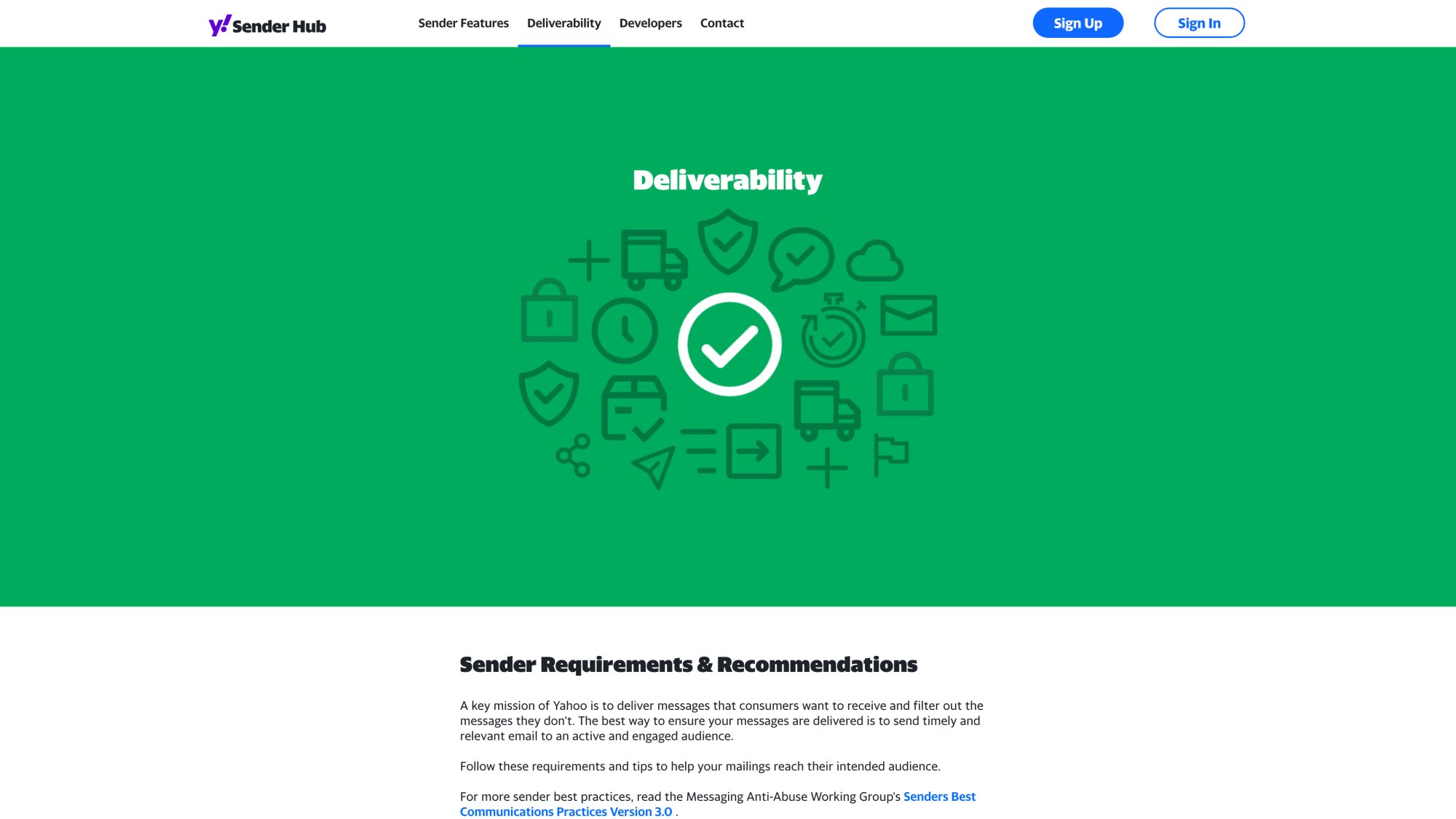 Yahoo Sender Hub best practices page displaying spam complaint thresholds and unsubscribe requirements