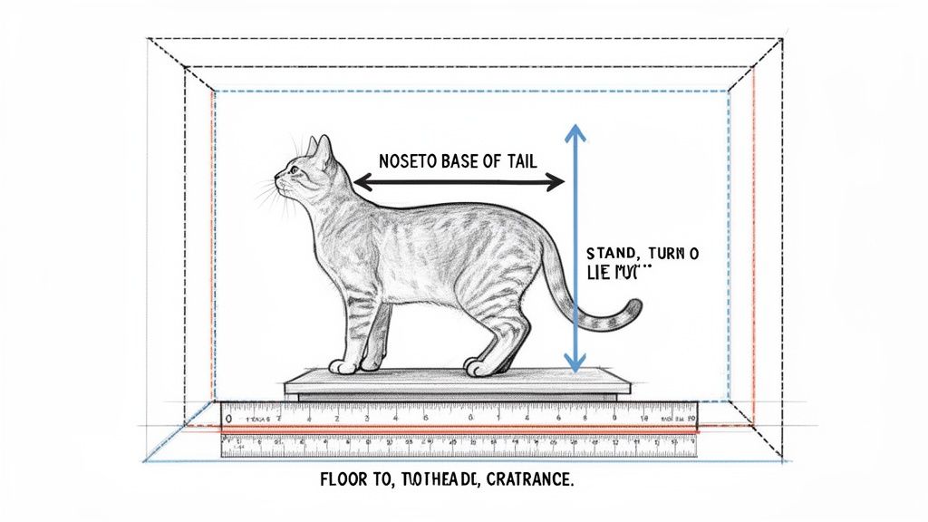 Diagram illustrating how to measure a cat for a travel crate, showing length and height.