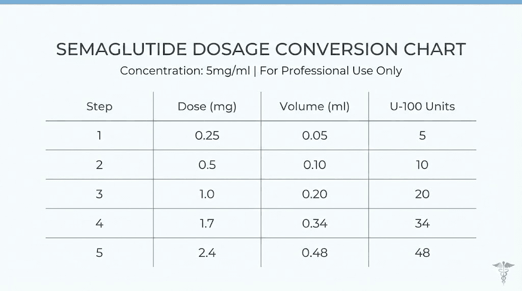 Semaglutide 5mg/ml dosage chart showing mg to units conversion for weight loss doses