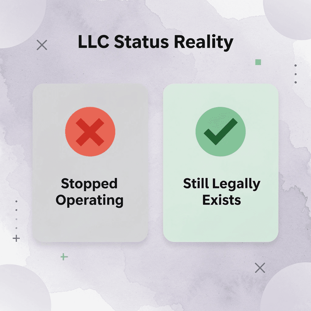 Before and after infographic showing that stopping operations does not dissolve an LLC