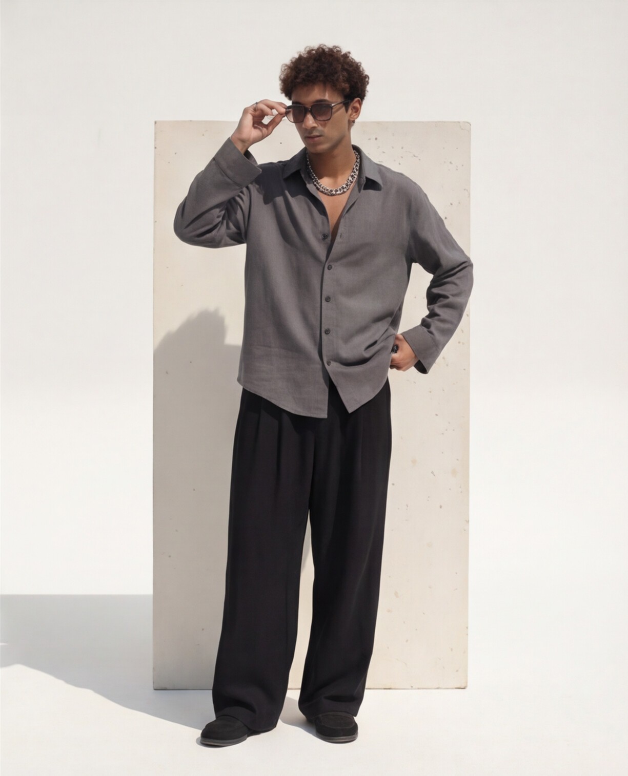 Grey Relaxed Shirt with Black Wide-Leg Trousers