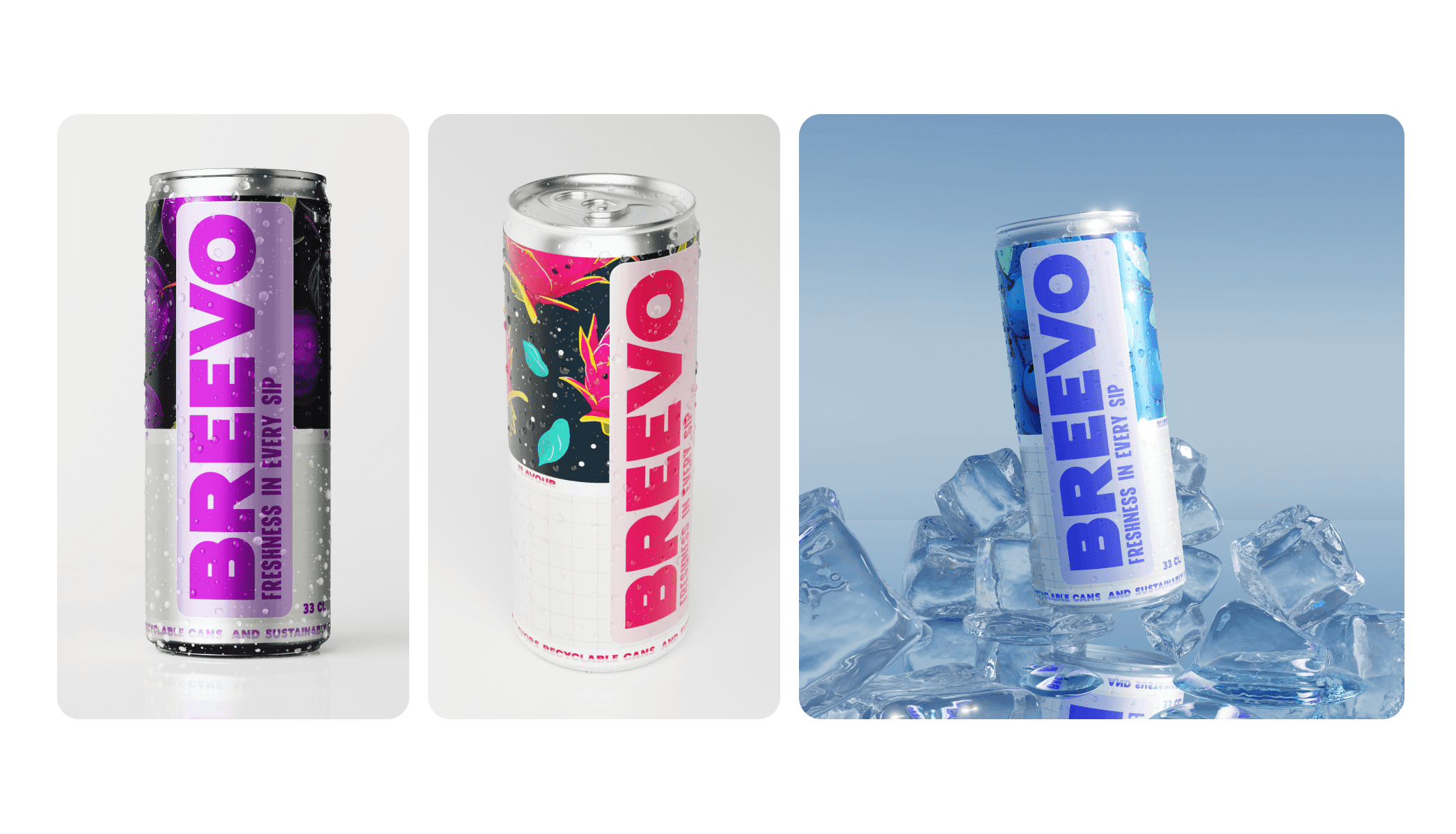 Digital Twin of Breevo soda cans arranged on a clean surface – PDP visual