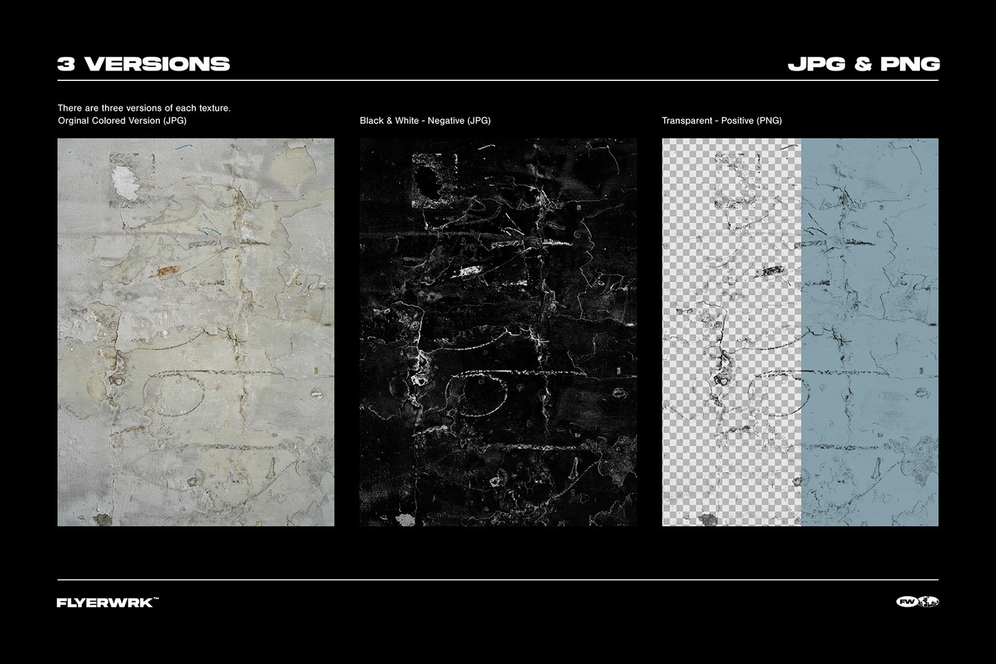 Grunge texture versions showing original color black and white negative and transparent positive PNG variations