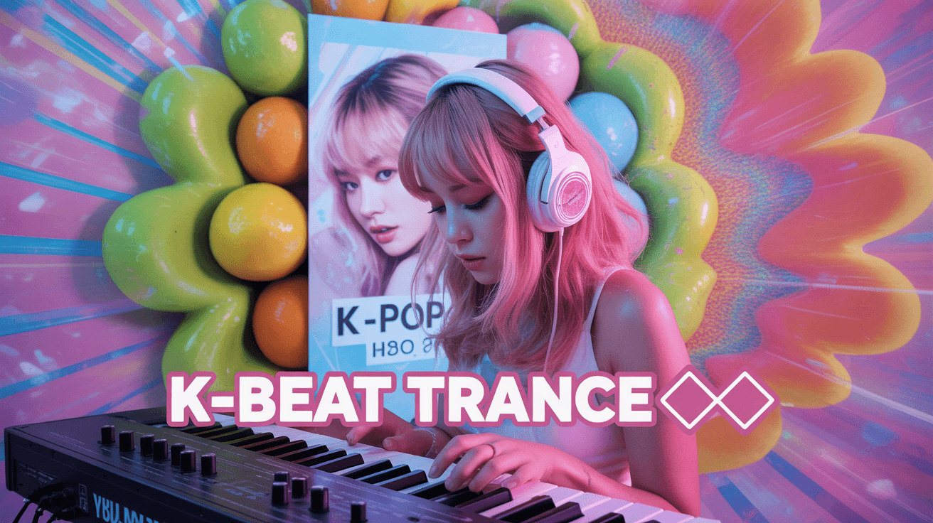 Anime girl on synth keyboard with K Beat Trance text and candy-color psychedelic background