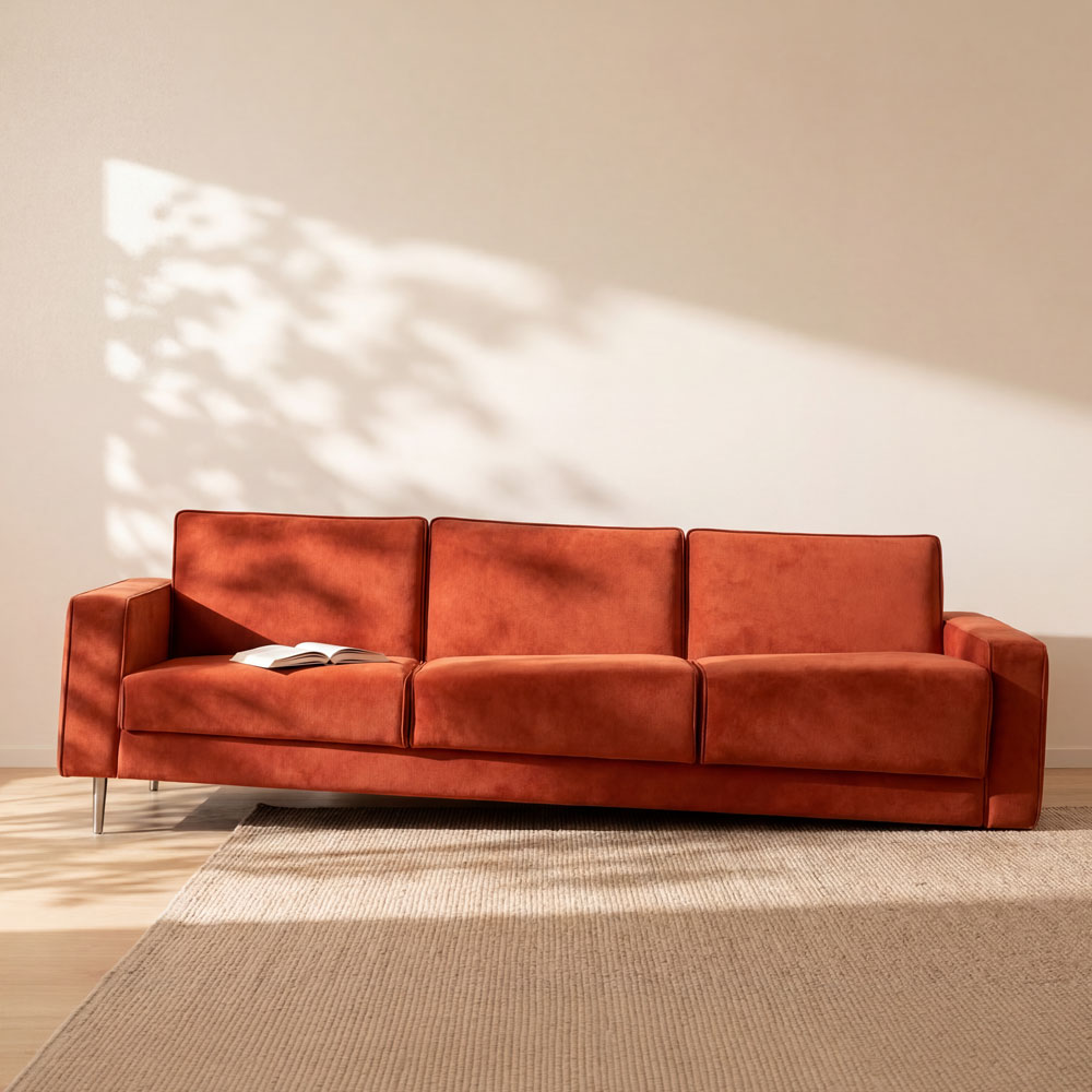 Konsistente Markenästhetik im AI Design: KI-generierte Produktvisualisierung eines Sofas mit Fokus auf geometrische Präzision und realistische Ausleuchtung.
