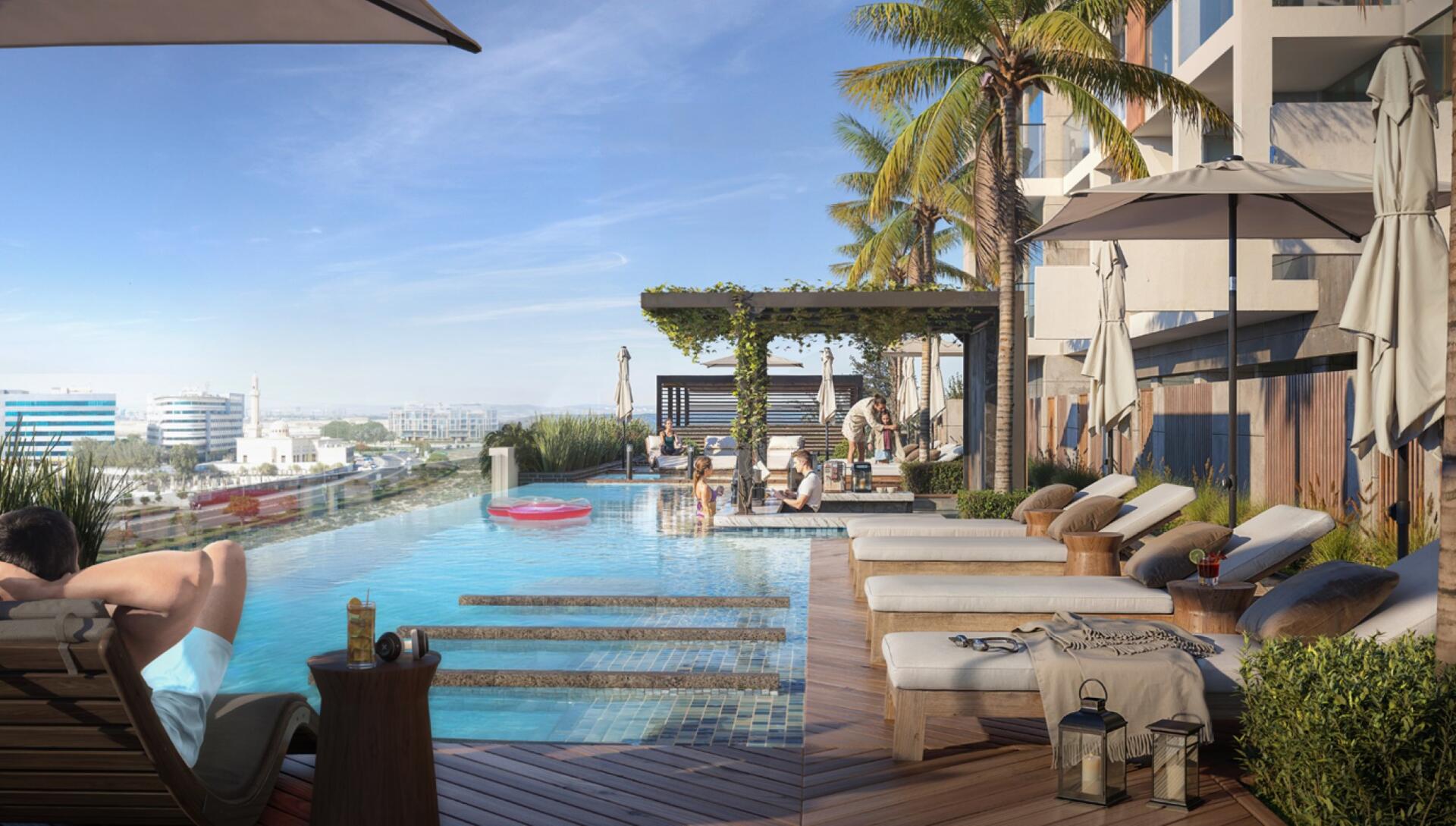 Impression of a Dubai apartment complex, illustrating stylish architecture and a dynamic urban environment.