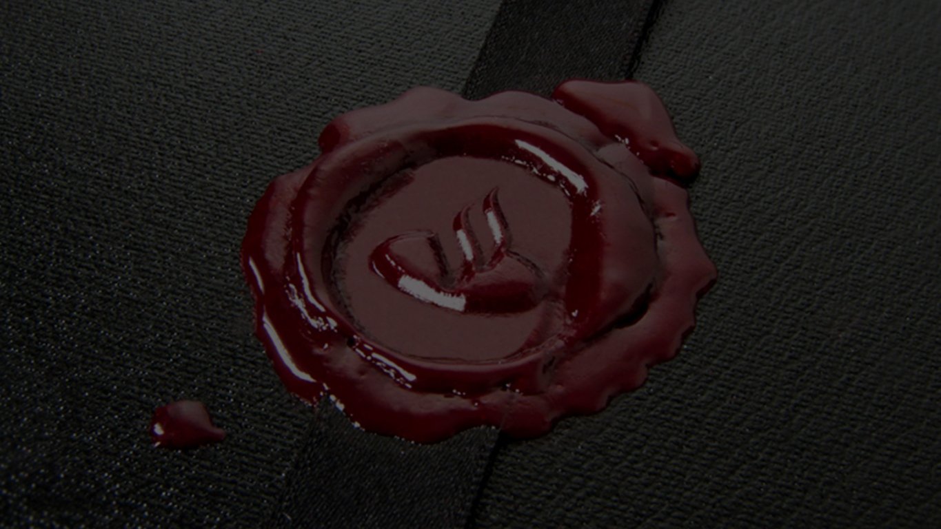 A dark red wax seal with an abstract design, possibly flame-like, sits on a textured black surface. The image conveys an air of mystery and intrigue.