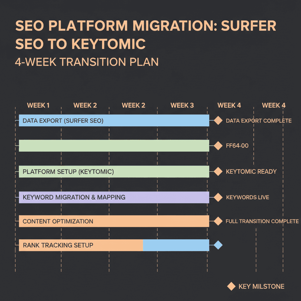 Four-week migration timeline from Surfer SEO to Keytomic with zero content disruption
