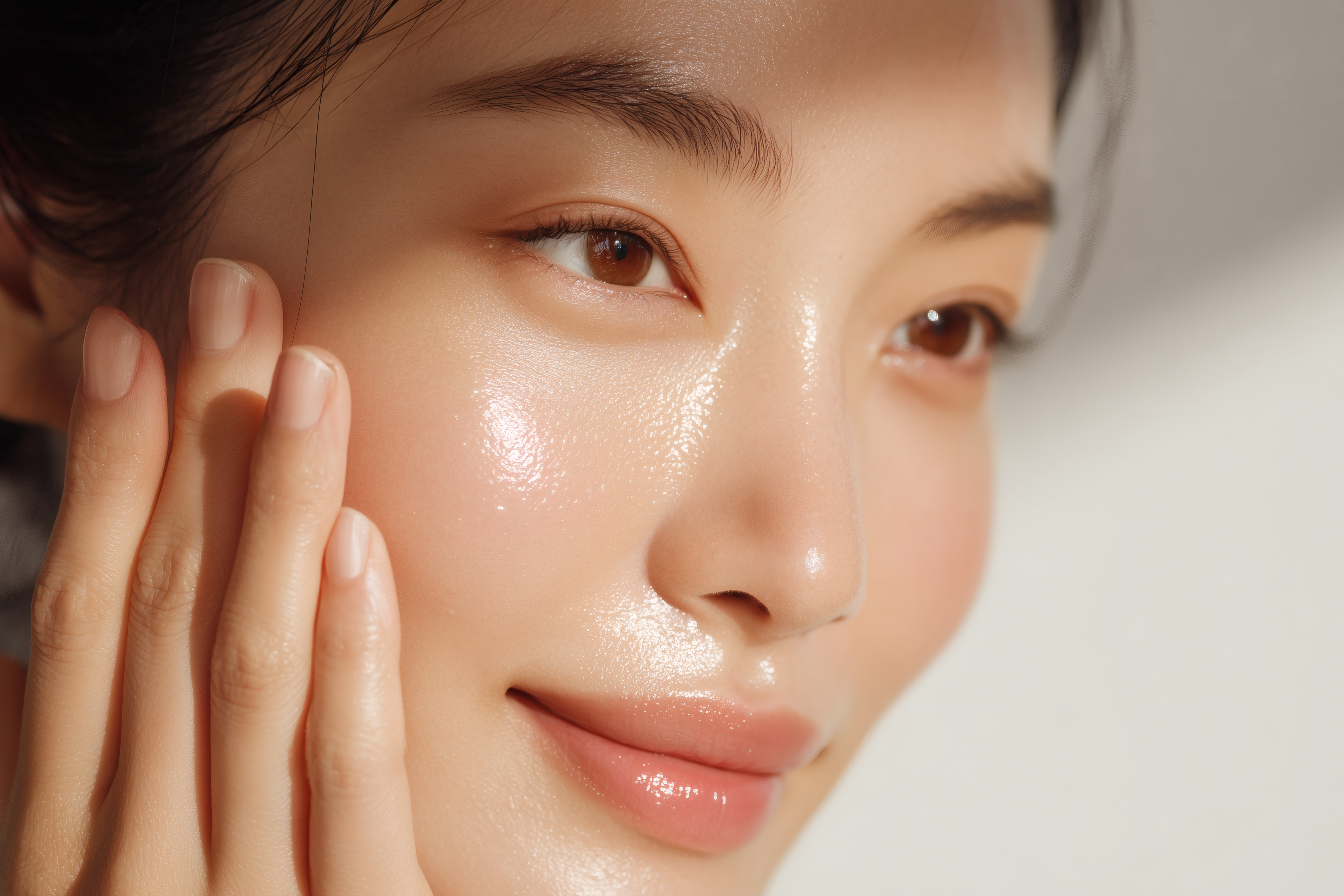 Woman with oily skin touching her face