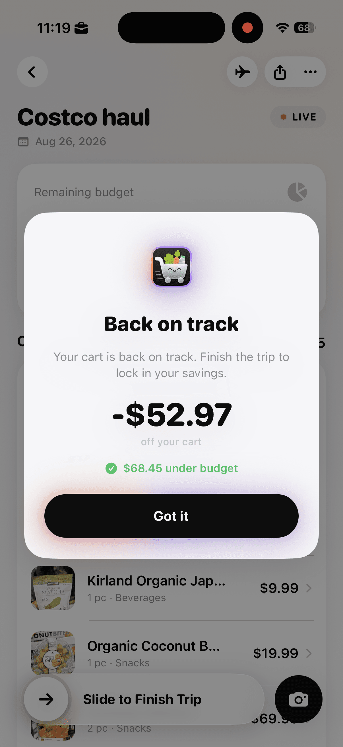 Cart AI confirmation showing the amount removed from the cart and the final amount under budget.