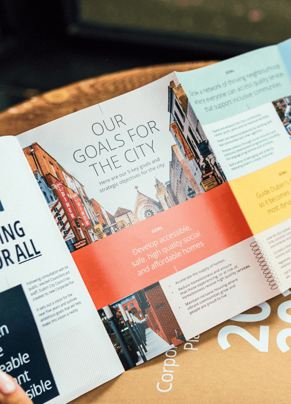 Close-up of printed Dublin City Council design materials showcasing the refreshed visual identity.