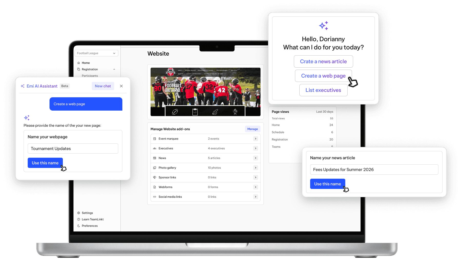 TeamLinkt's Football Website Builder with Emi AI Assistant Tool