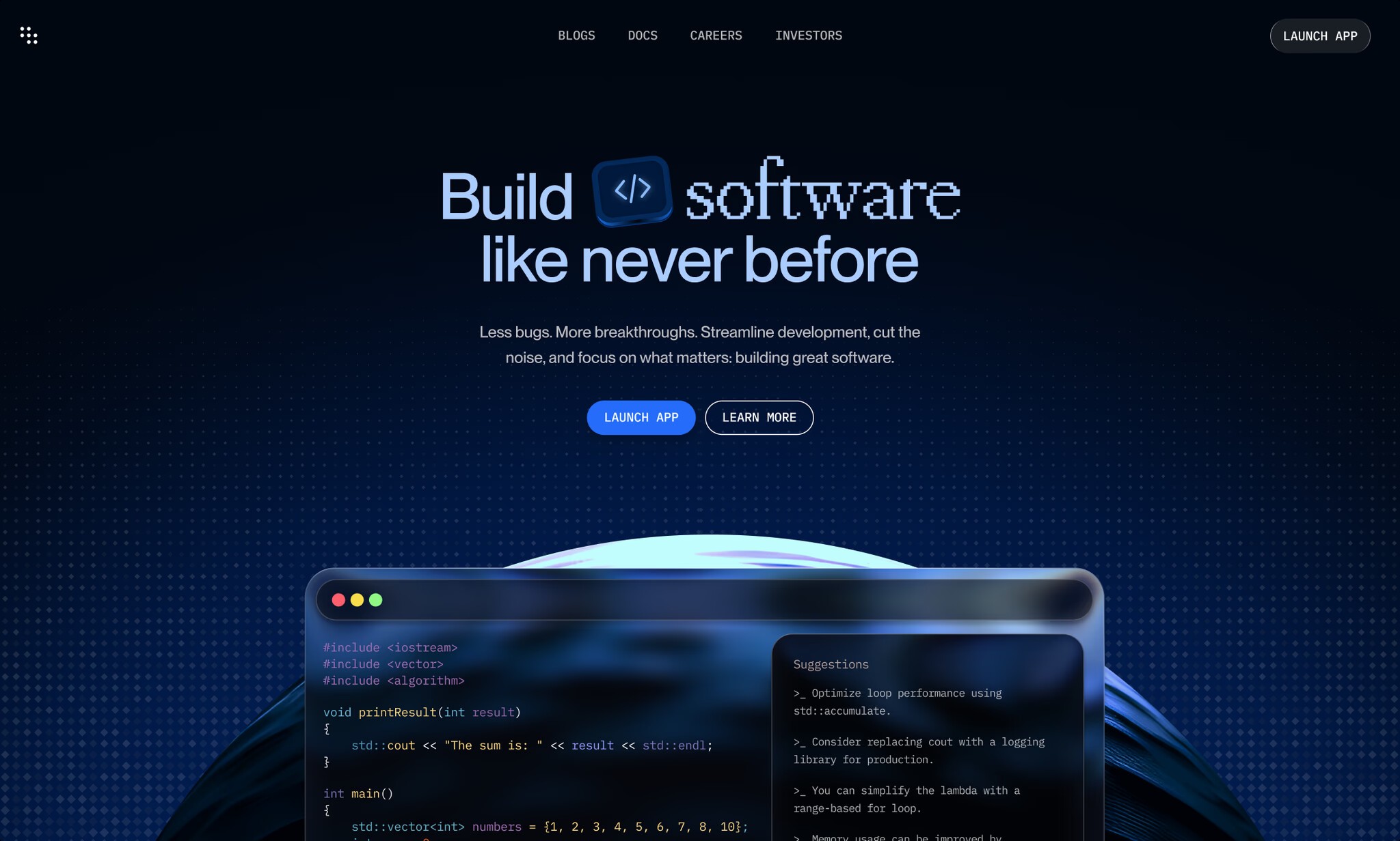 Dark-themed developer platform hero section promoting streamlined software building with code editor preview