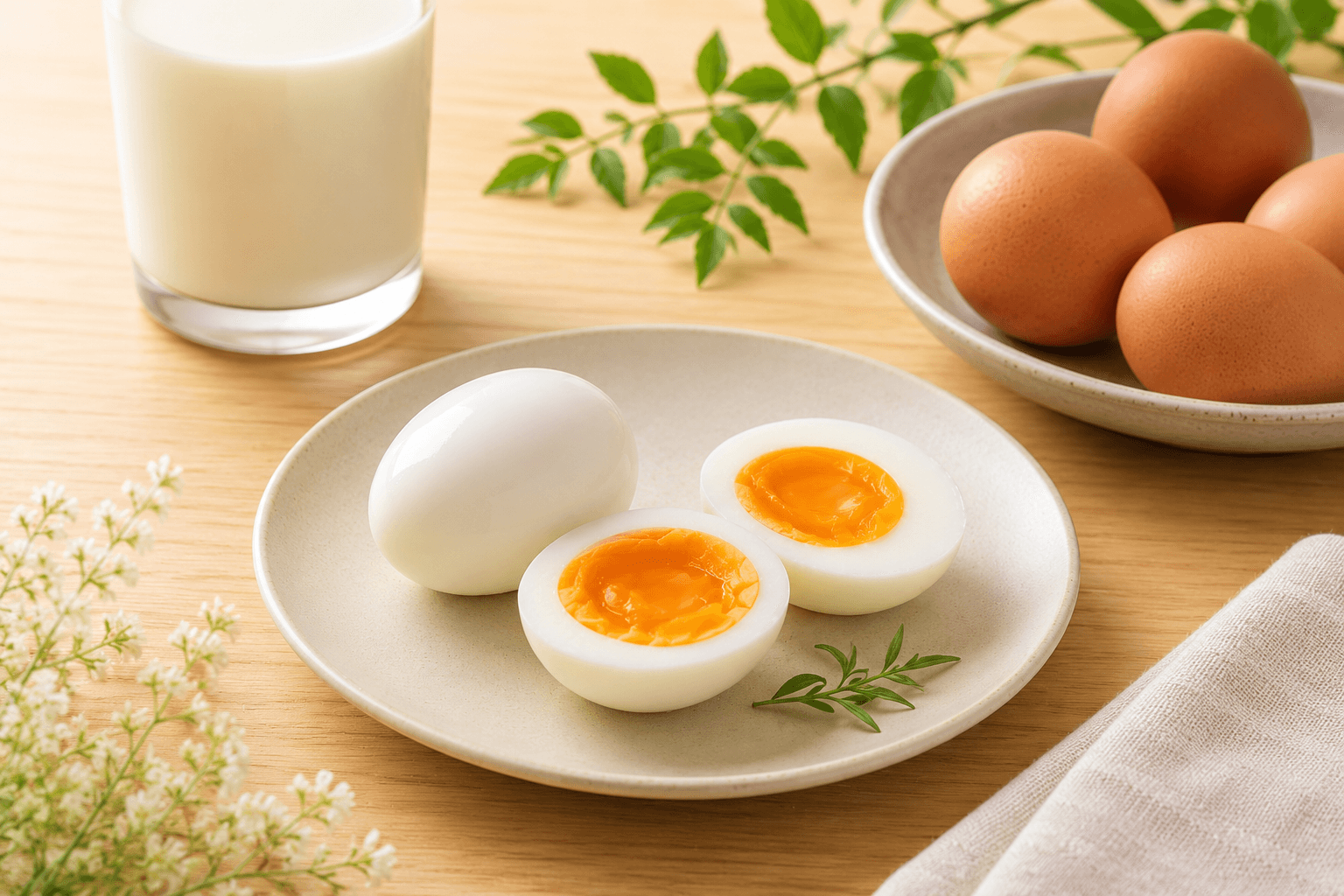 삶은 달걀과 반숙 노른자, 동물성 단백질 식재료의 단정한 컷
