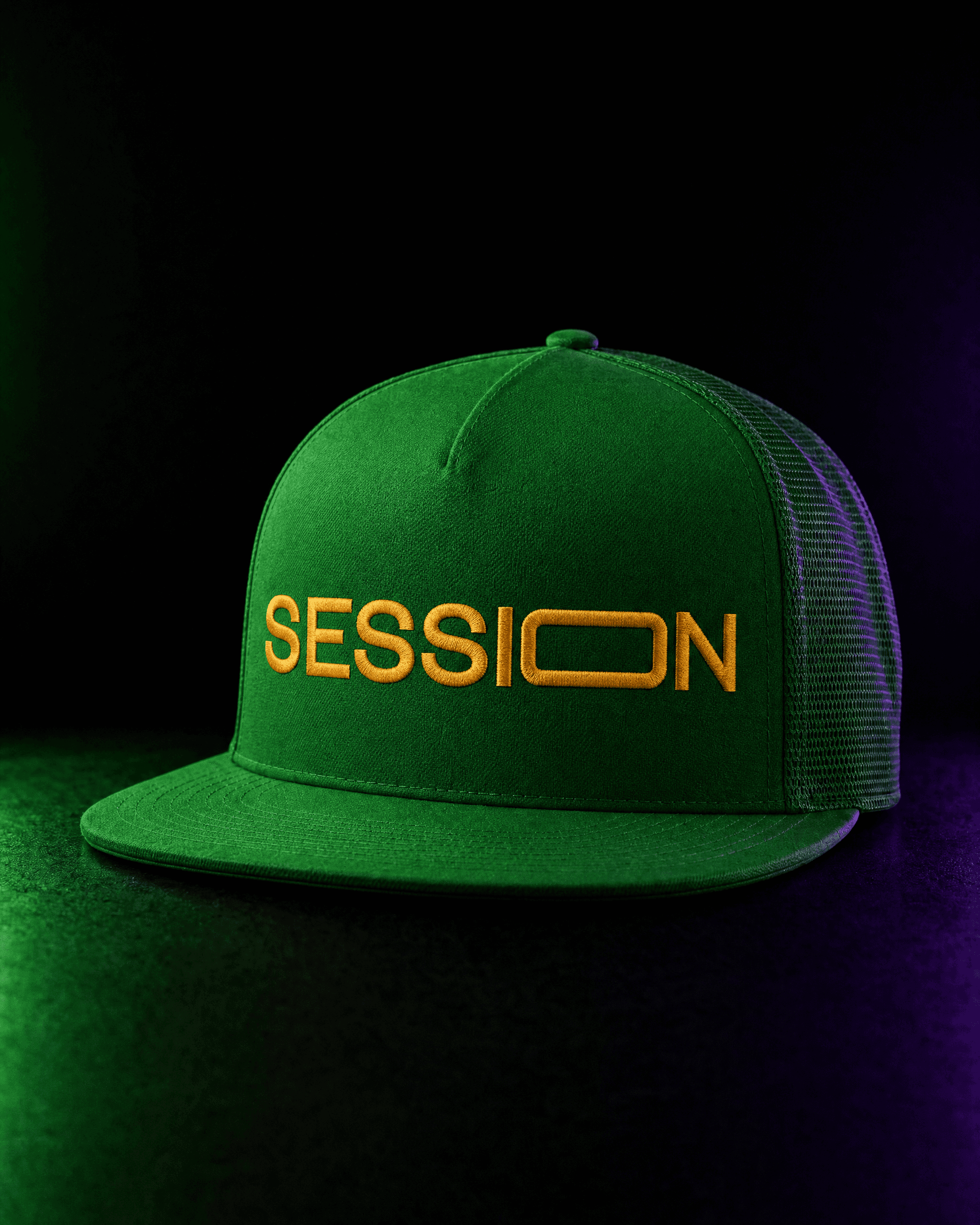 Front of a green Session Zone flat-bill snapback hat with yellow SESSION lettering.