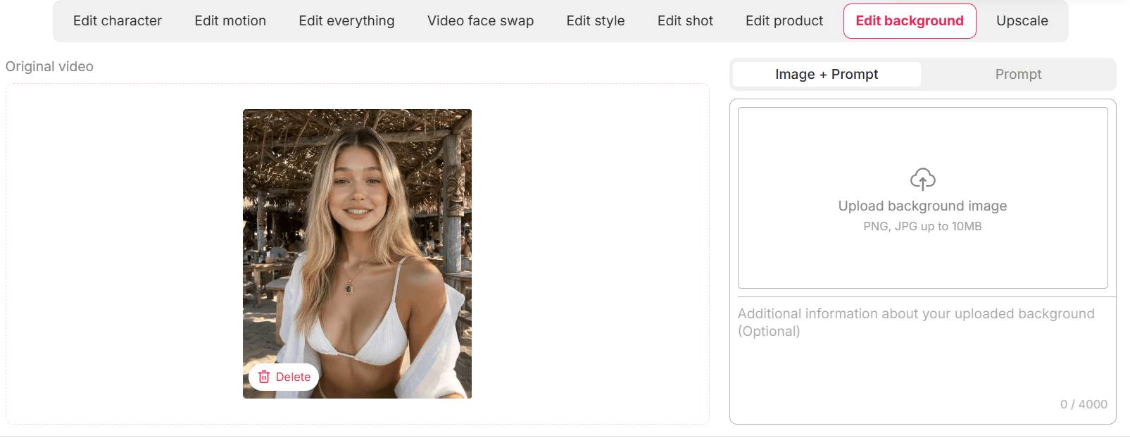 APOB Edit Background interface with Image + Prompt and Prompt modes