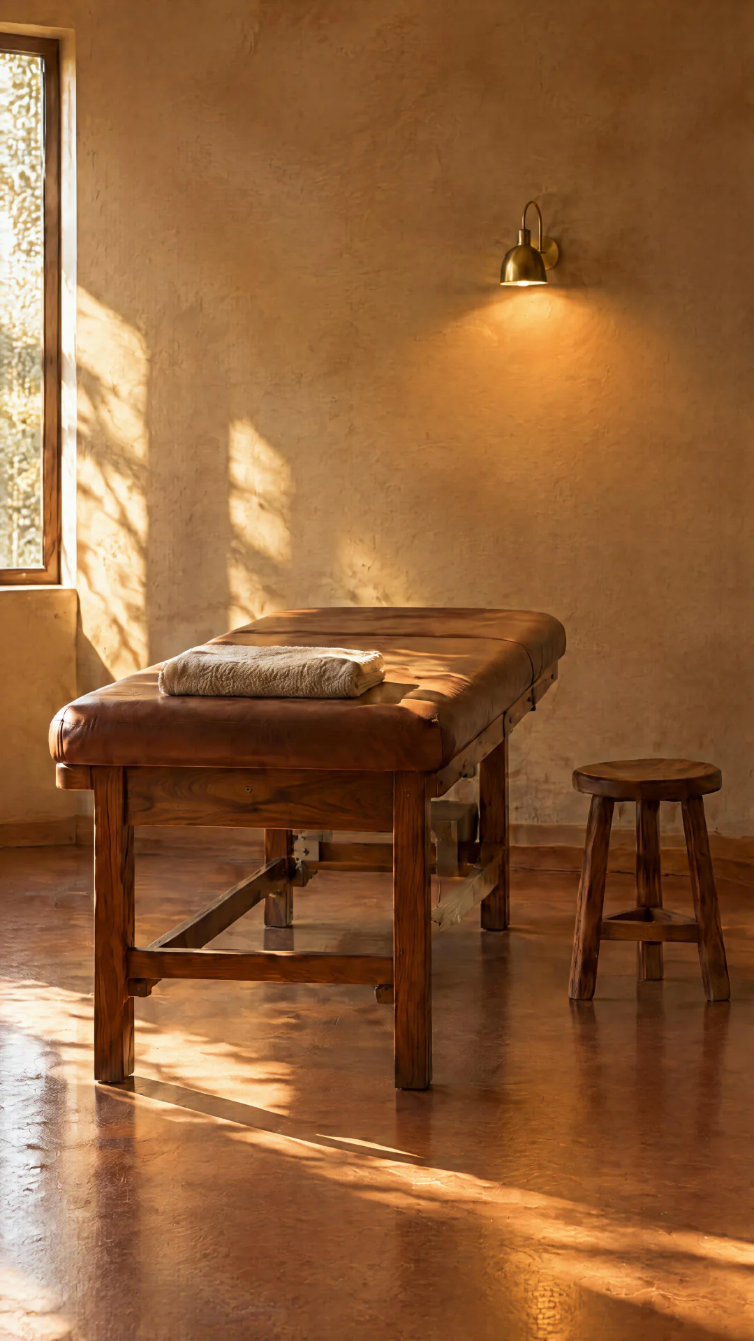 A treatment room with a walnut table in late afternoon light