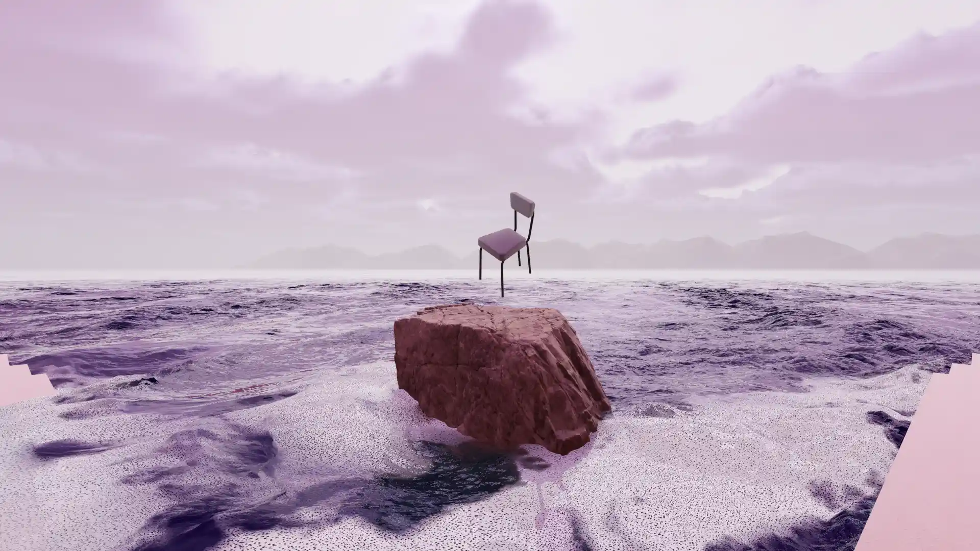 Tienda y Taller 3D render — solitary rock formation on a wave-swept shore in pink and purple tones, with a chair floating over it