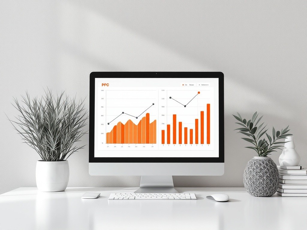 Computer screen displaying graphs and charts depicting dental website optimization, with plants on a white desk.