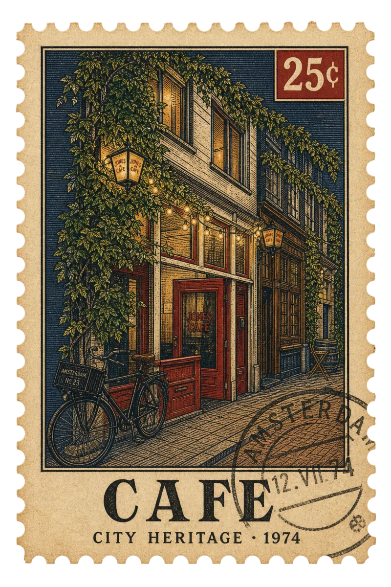 Vintage postage stamp of a brown café facade