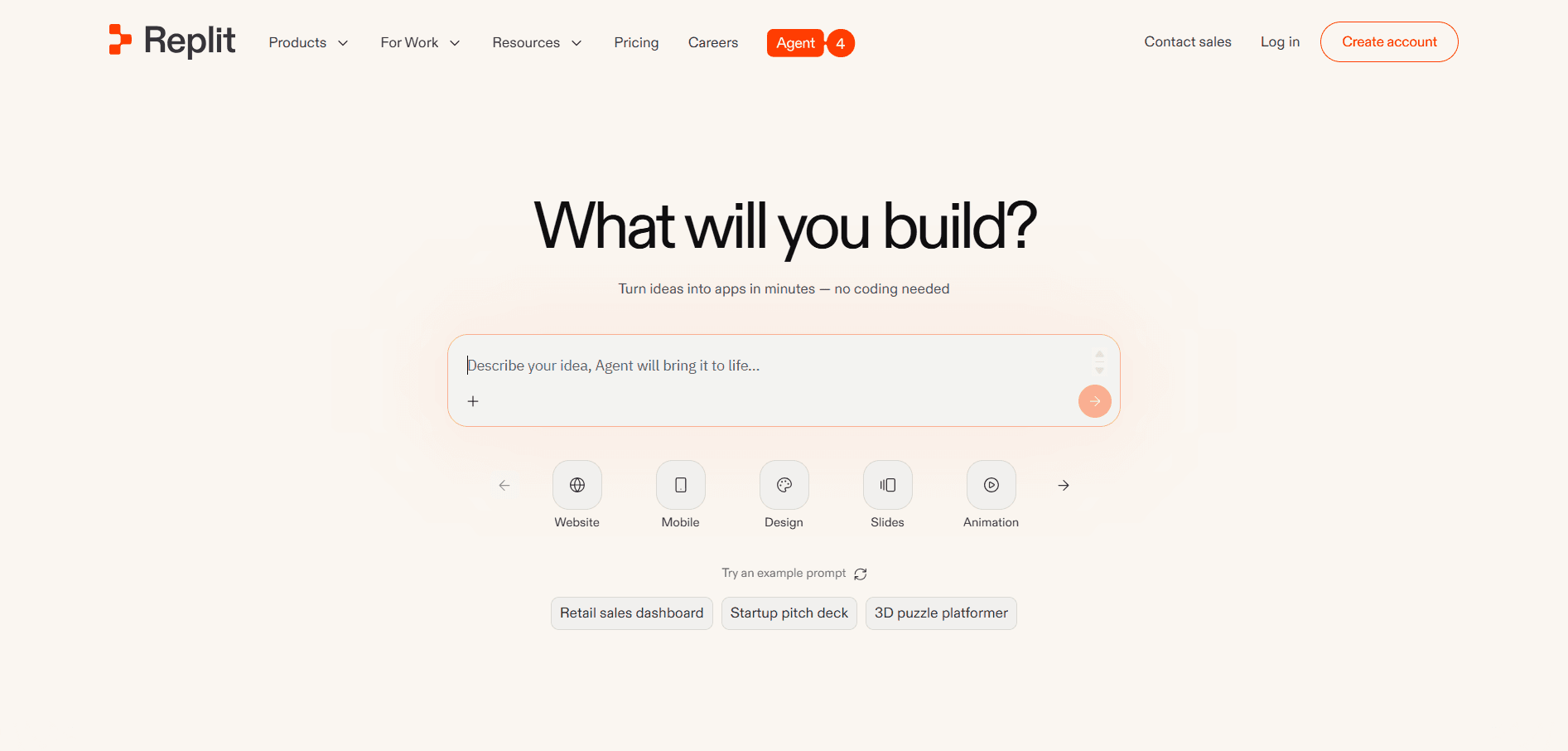 Replit homepage featuring the "What will you build?" headline and AI agent prompt bar.
