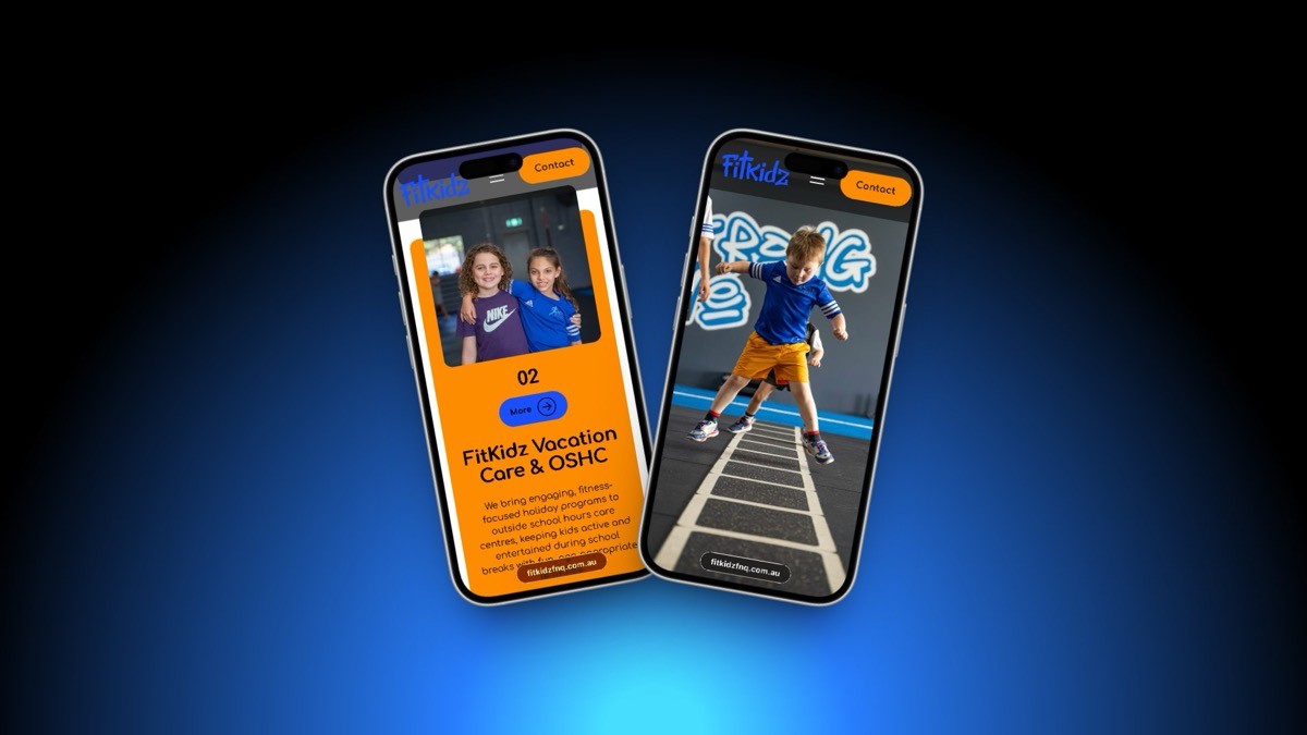 Mobile app interface with bright branding showing responsive UI and web development for Cairns businesses.