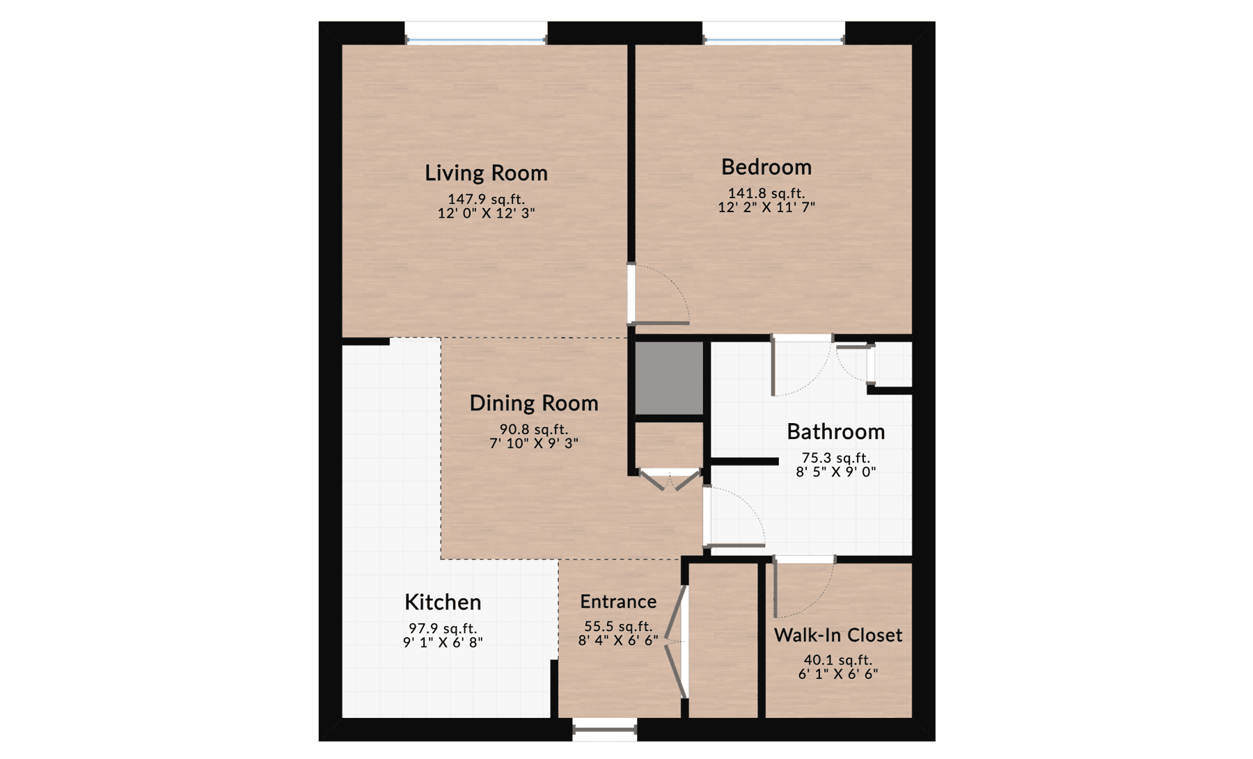 One-bedroom apartment floor plan with a living room, bedroom, dining room, kitchen, bathroom, entrance, and walk-in closet designed for small spaces.