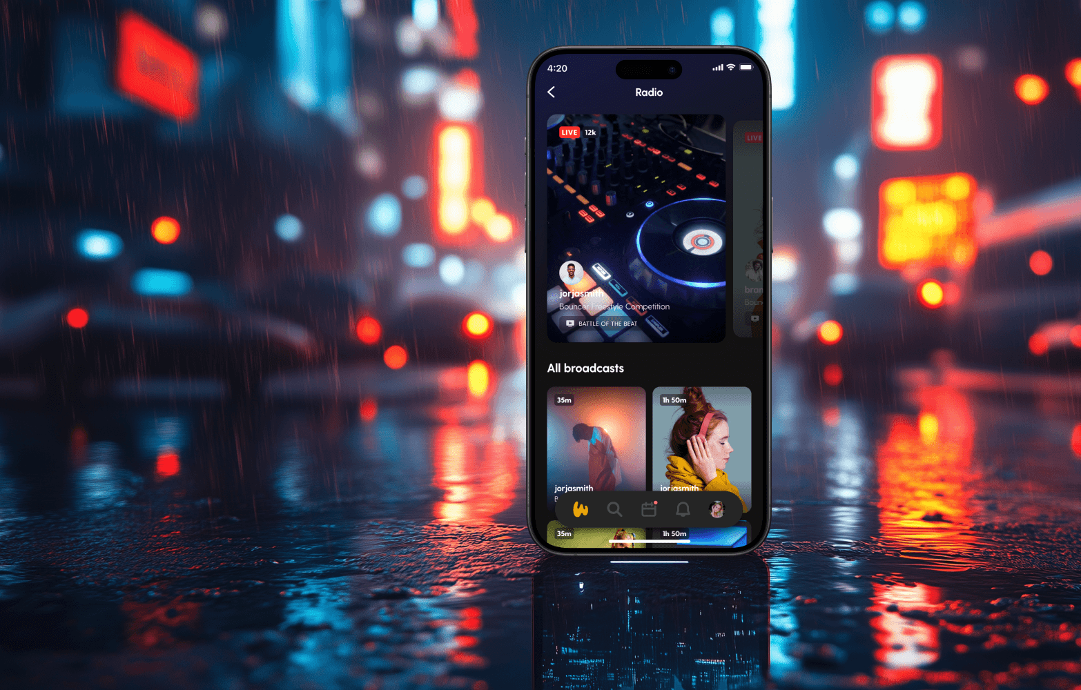 A smartphone on a wet city street displays a radio streaming app with a live DJ broadcast. Neon lights reflect on the rainy pavement.