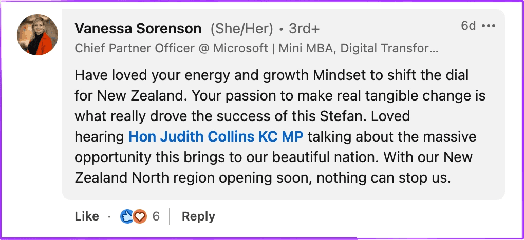 An example of a thoughtful LinkedIn comment by user Vanessa Sorenson