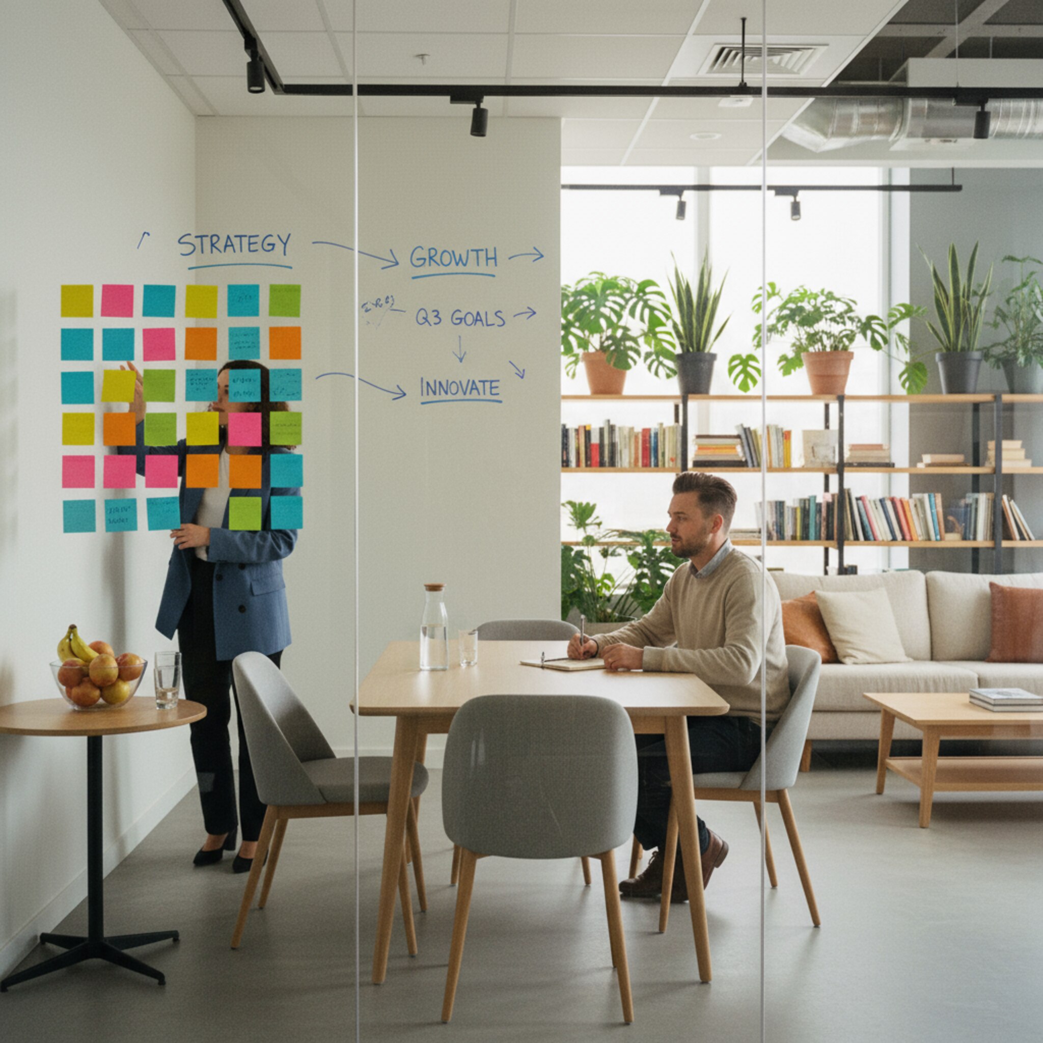 Ein gläserner Meetingraum mit Schreibwand, auf der bunte Haftnotizen geordnet kleben. Ein kleiner Tisch mit Wasserkrug und frischem Obst steht an der Seite, Stühle sind sorgfältig ausgerichtet. Durch die Glasscheibe sieht man Regale und gemütliche Loungebereiche, was dem Ort einen professionellen, aber warmen Charakter gibt.