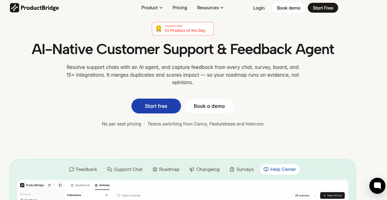 ProductBridge homepage showing AI-Native Customer Support and Feedback Agent with feedback, roadmap, changelog, surveys, and help center features