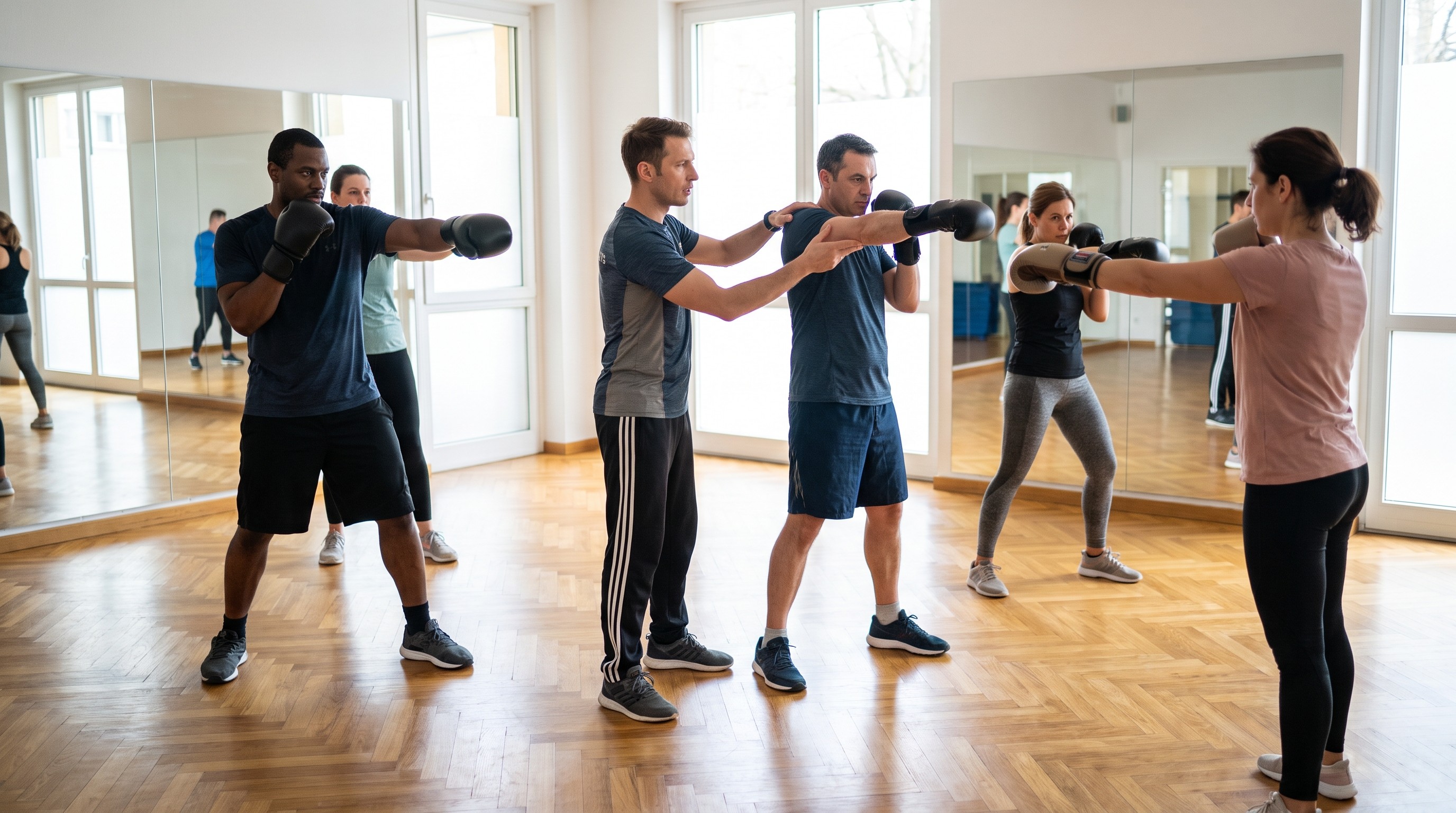 istruttore Fit-Boxe corregge catena cinetica di un cross durante lezione di gruppo in palestra moderna