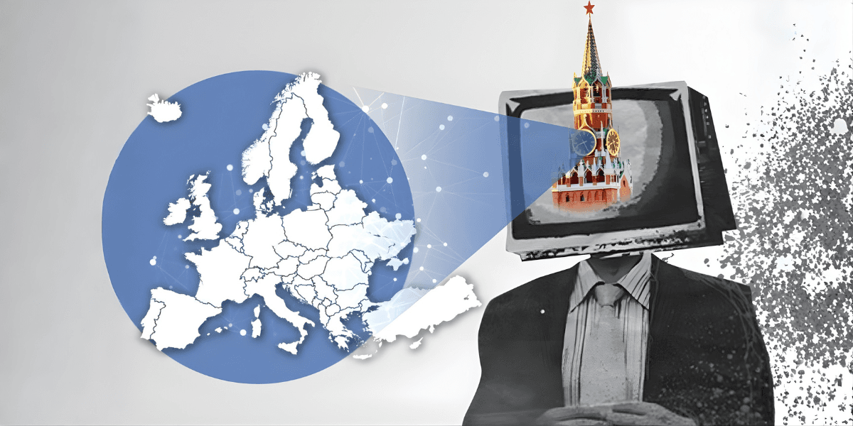 Figure with a TV for a head displaying the Kremlin, set against a map of Europe, symbolizing media manipulation.