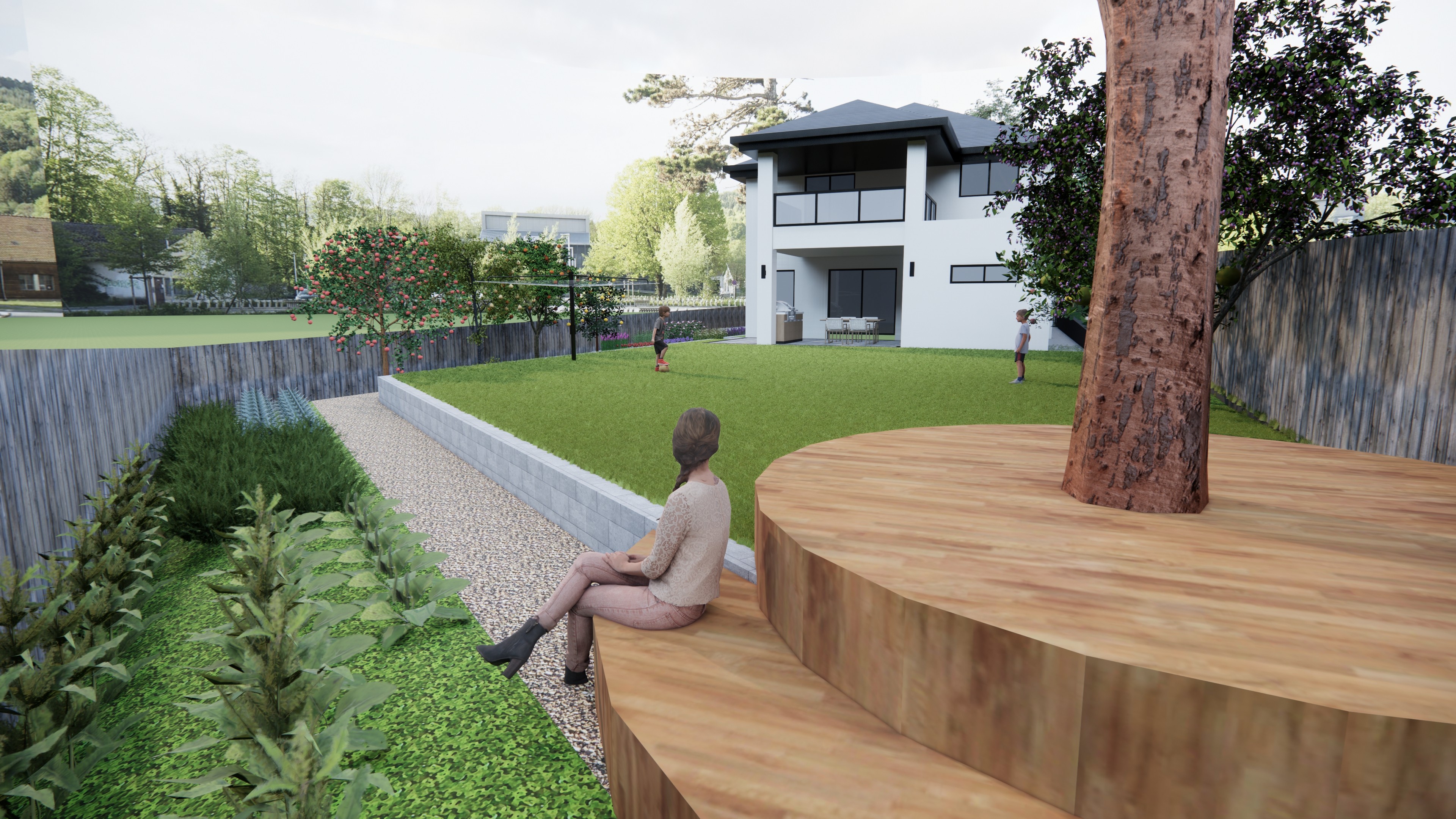 Luxurious modern interior with a sculptural art piece, floating books, a sleek marble bench, ambient lighting, and a gold metal partition