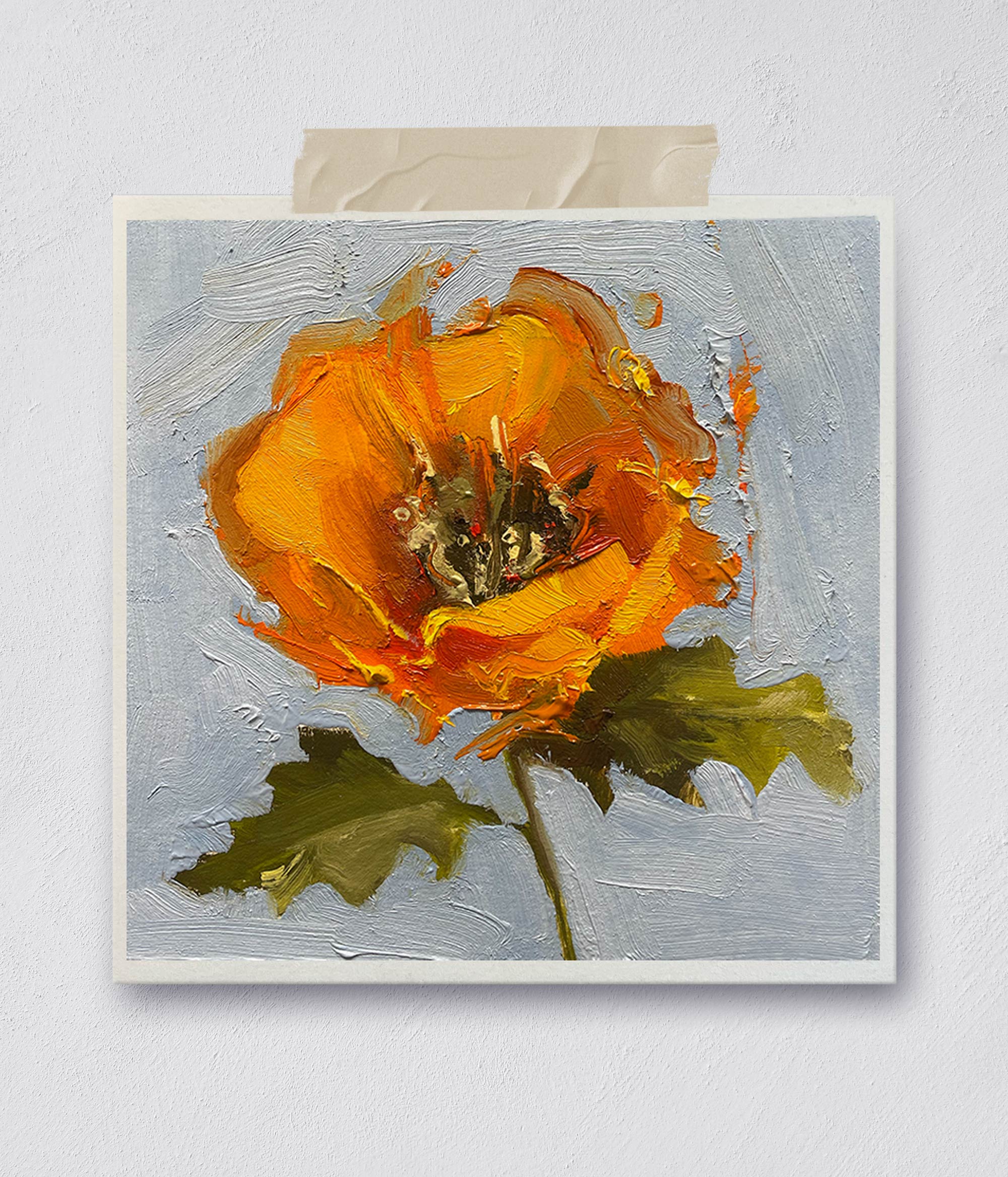 Small vibrant oil painting of an orange poppy