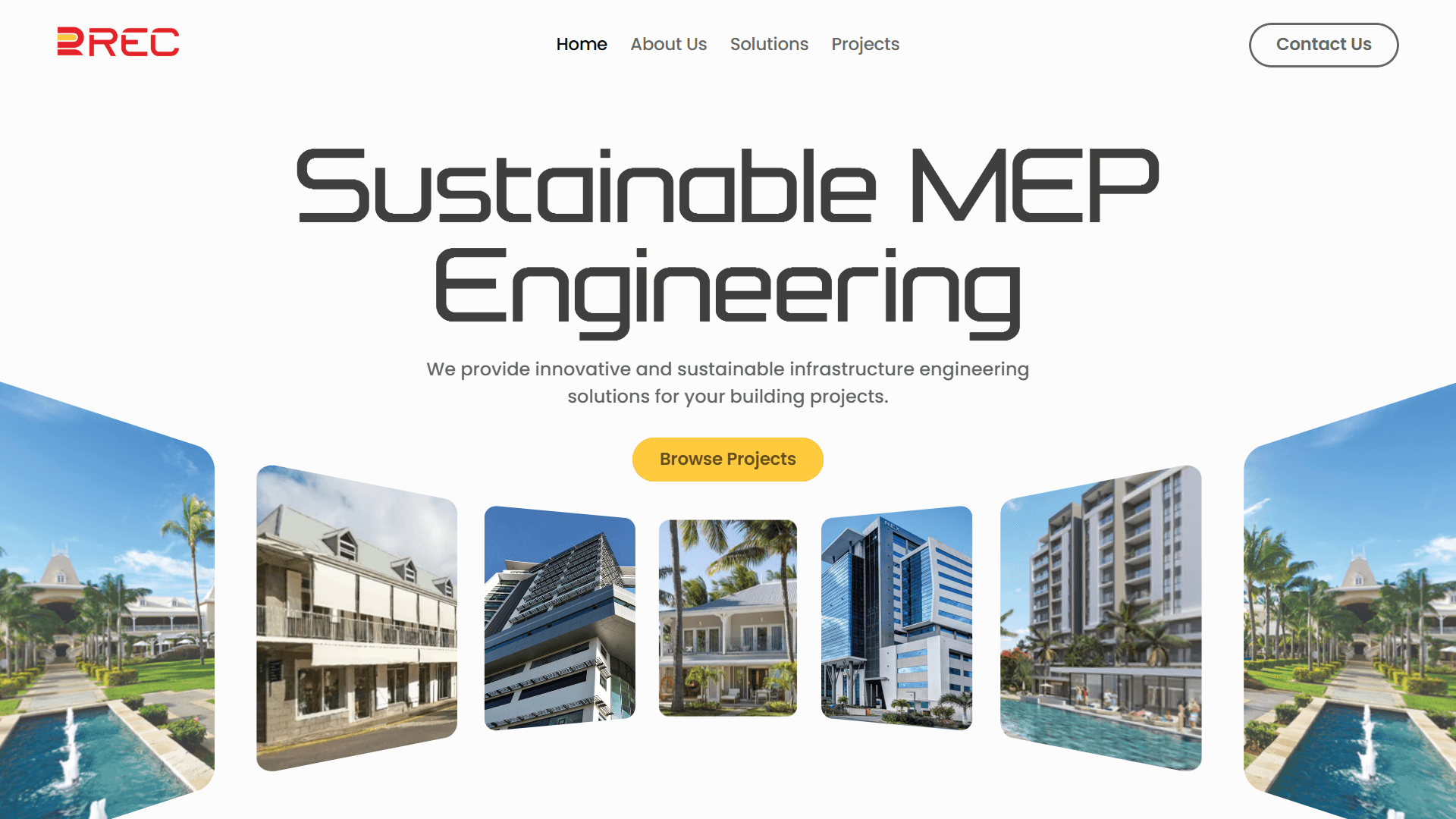 Screenshot of rec-ltd.info homepage showcasing recent construction projects with a clean, modern design and navigation menu.