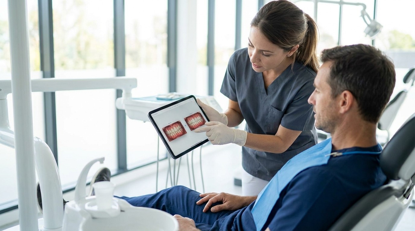 A dentist and patient review a digital smile design preview on a tablet before treatment starts.
