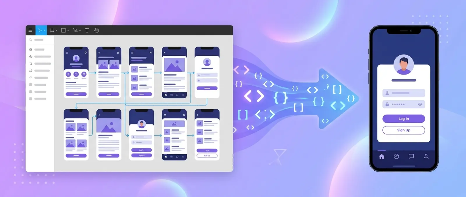 Figma frames on the left converting into React Native code and a running phone app on the right