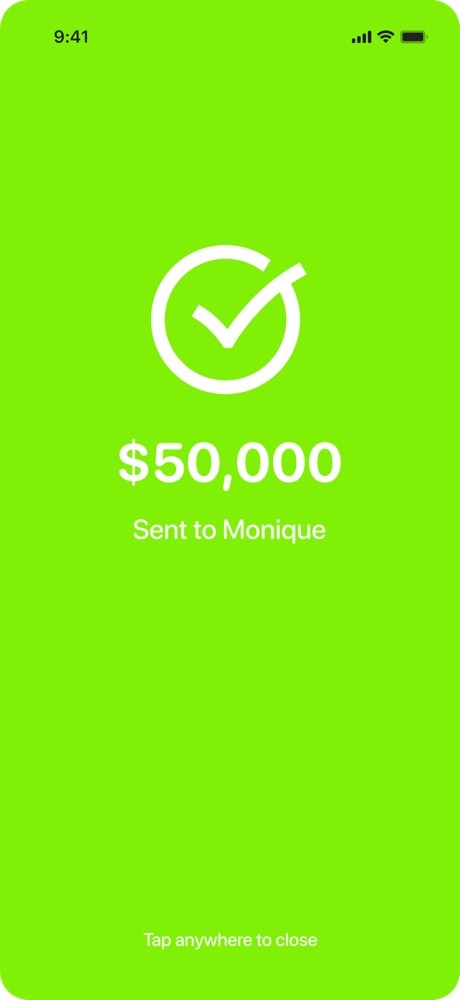 A full-screen green confirmation reading Sent to Monique.
