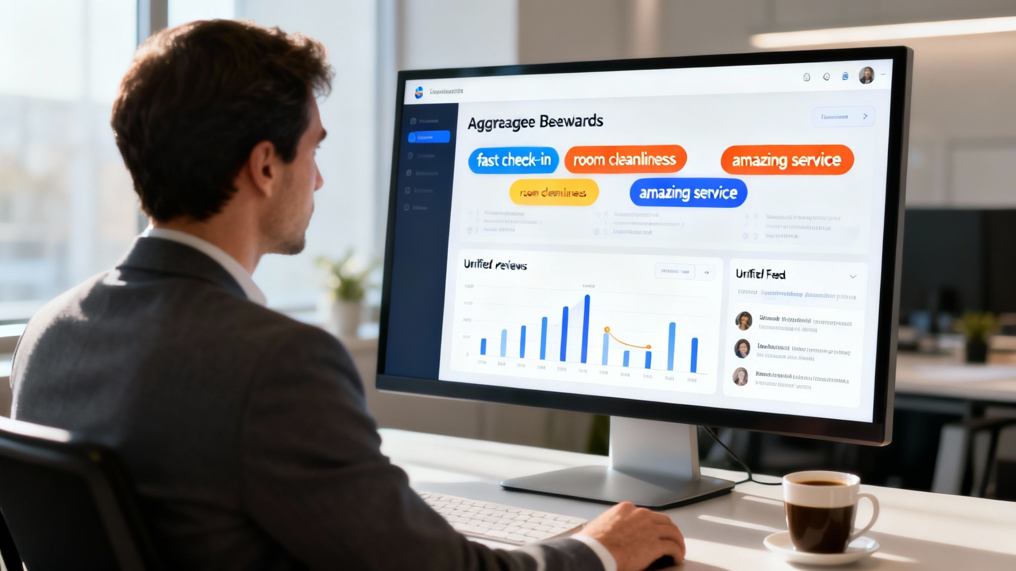 A businessman analyzes a customer service dashboard on a computer, displaying various metrics.