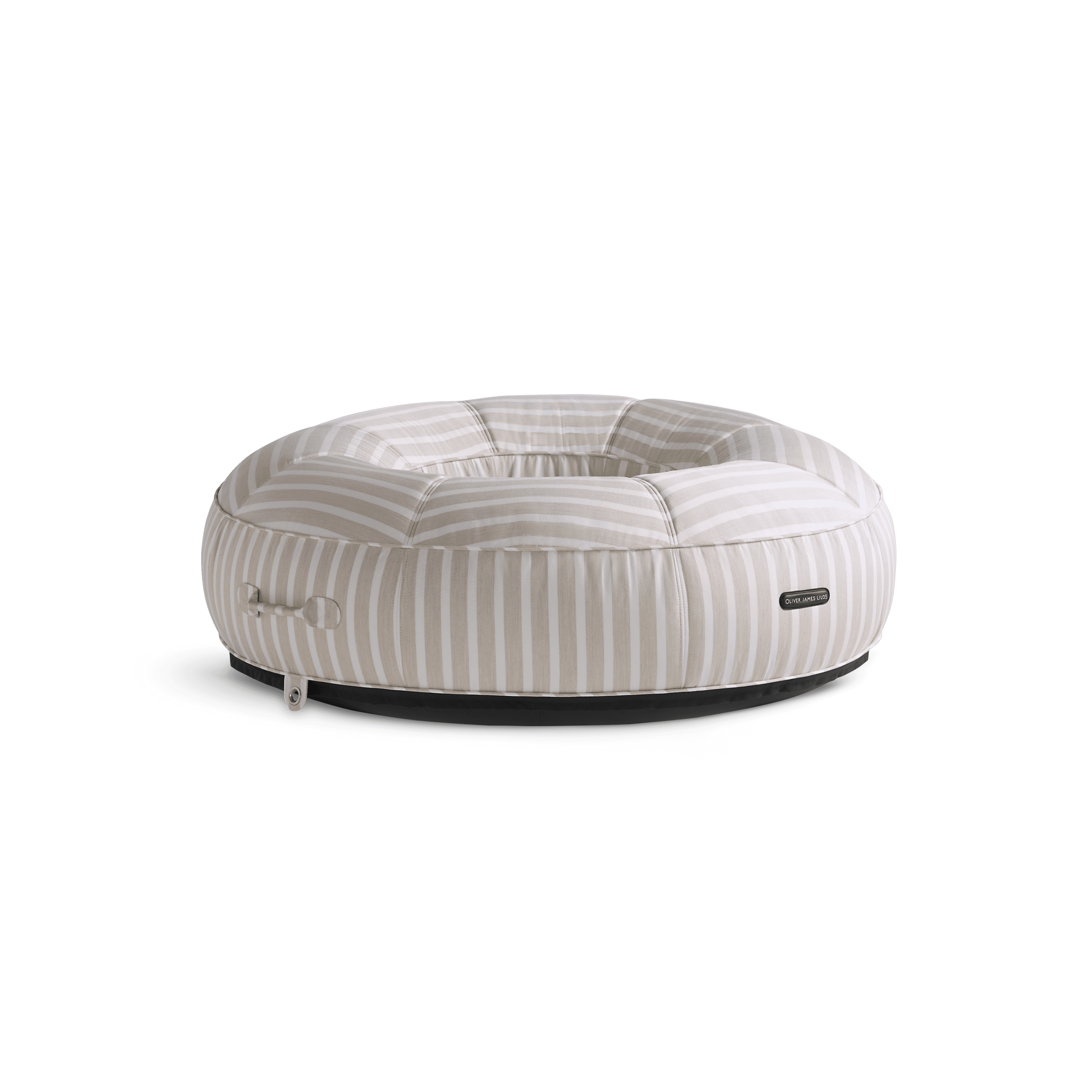 Ring-shaped luxury pool float in beige-and-white stripe canvas with quilted panels and jet-black base