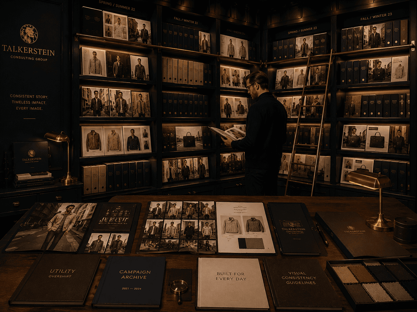 Fashion archive room lined with campaign photography, lookbooks, product imagery, and brand binders spanning multiple seasons, while a curator reviews materials at a dark walnut table under warm brass lighting, showcasing a consistent visual identity across the entire collection.