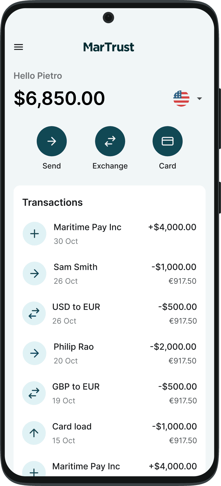 A smartphone displays an app interface showing financial data with graphs and transaction details.