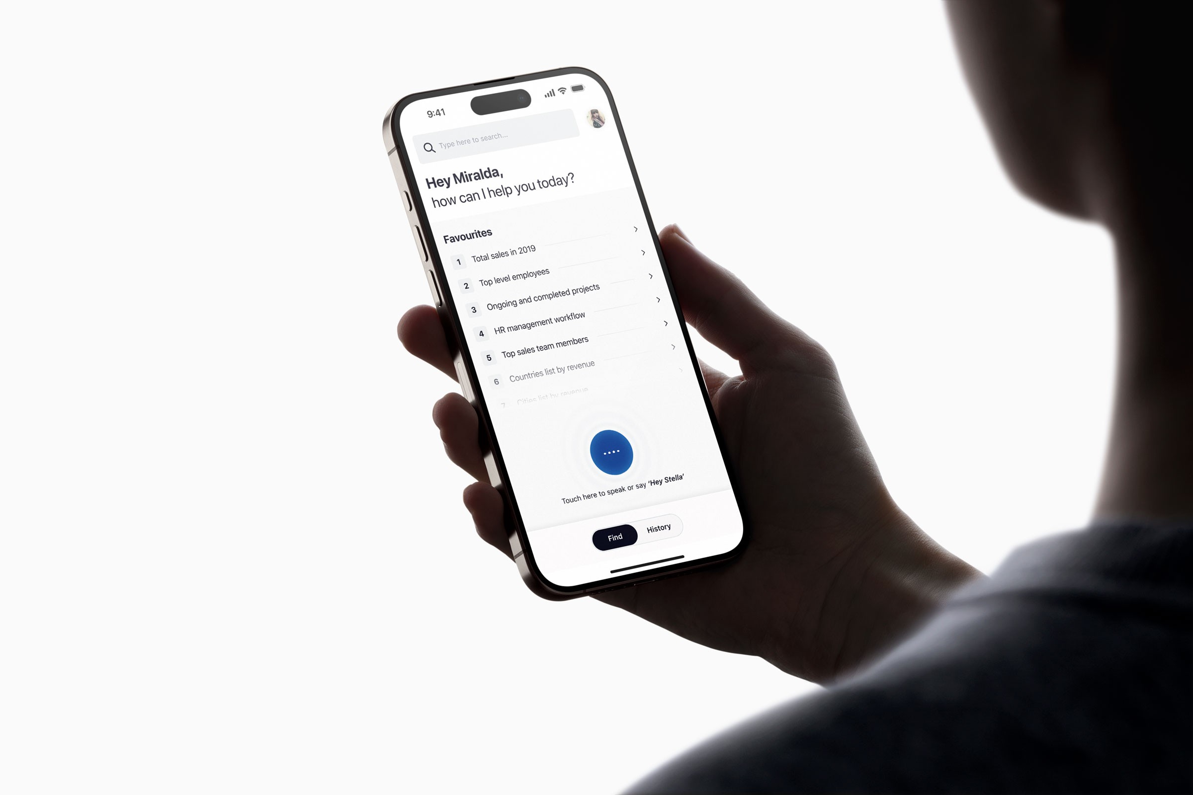 Hand holding a smartphone displaying a business application with search bar, menu, and "Favorites" options.