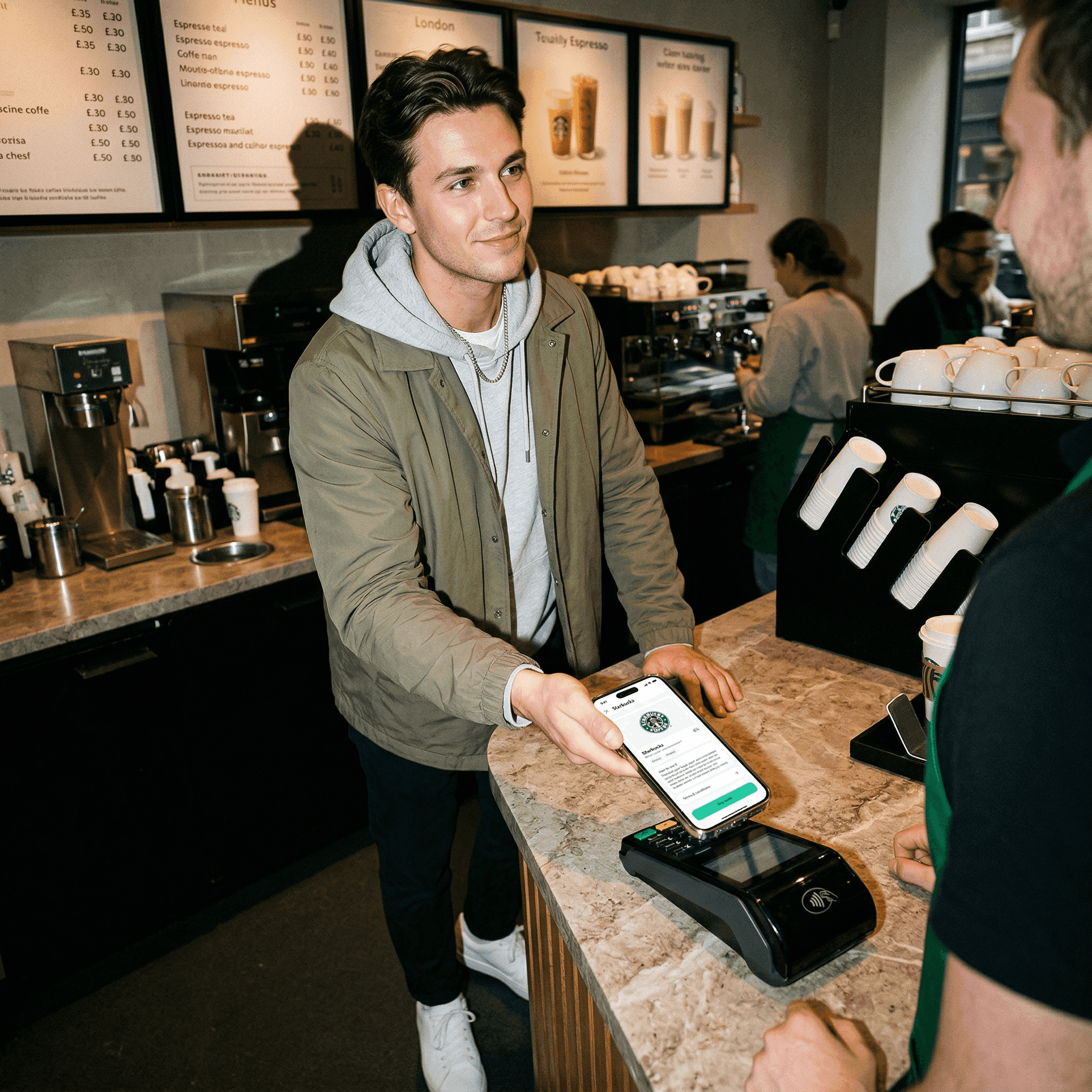 man in coffee shop using phone to make payment