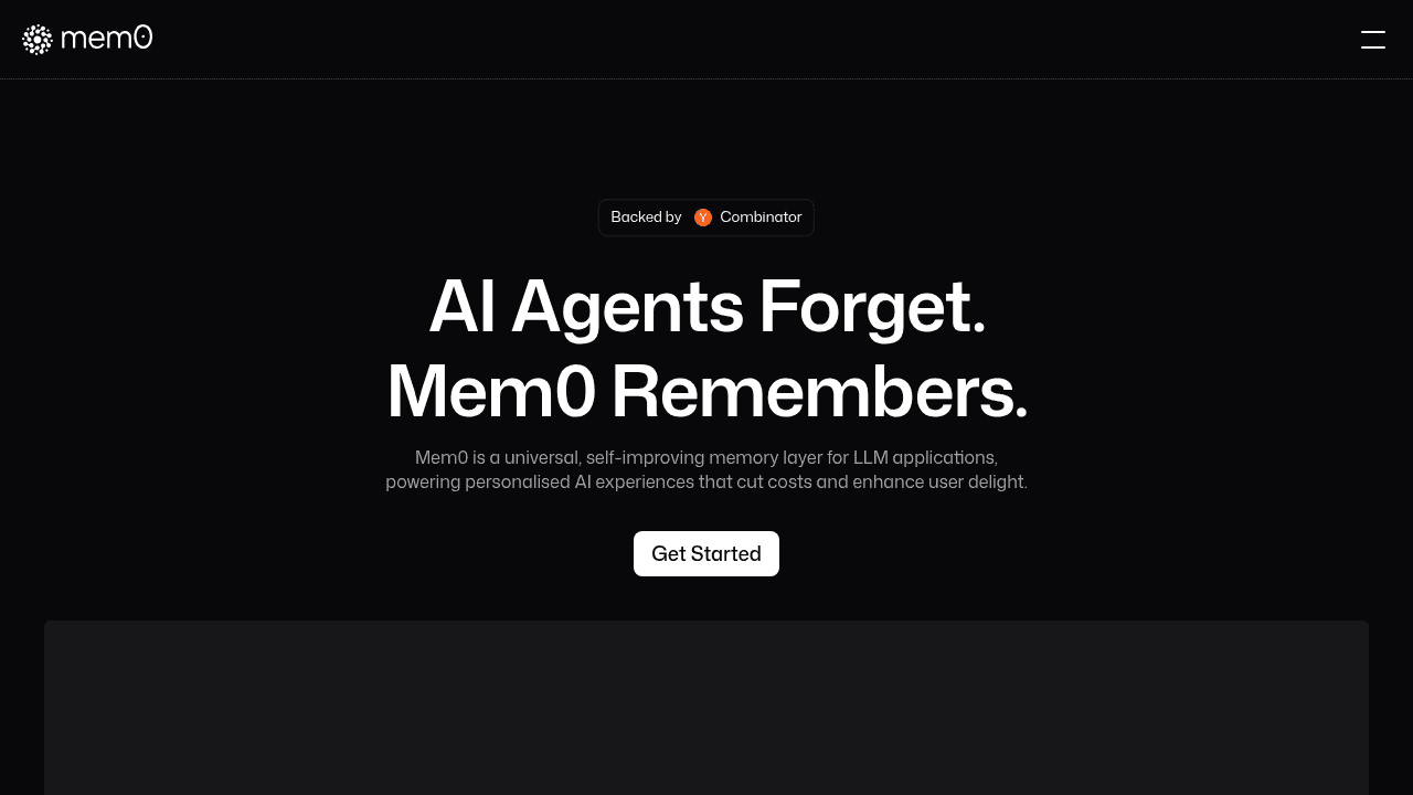 Mem0 AI memory platform homepage showing intelligent example selection and retrieval for optimized few-shot prompting